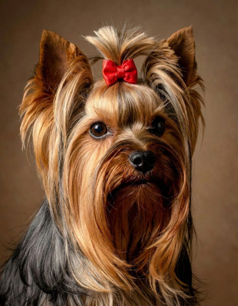 heros-img dog, puppy, pet, animal, yorkshire terrier, yorkie, remote access, purebred, cute, sweet, cared for, red bow, nature, crest, small, portrait, companion animal, brown coat, black fur, silky hair, expressive eyes, studio, ai generated